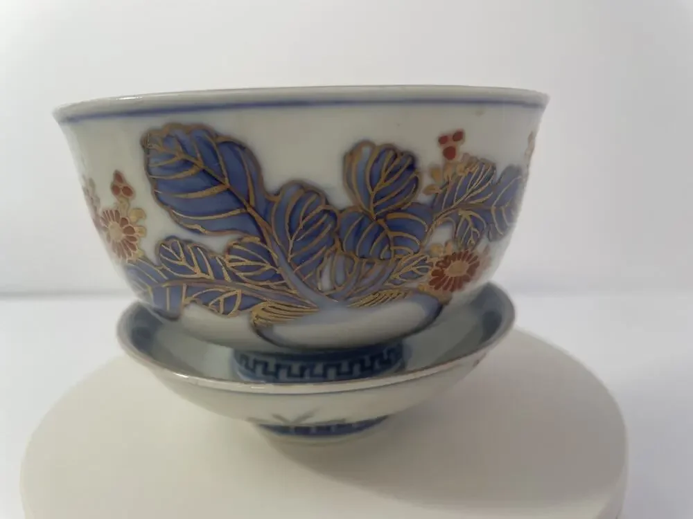 Antique Japanese Kutani Porcelain Tea Cup w/ Saucer – Blue & Gold Butterflies